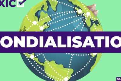 Illustrated globe with dotted international connections and a bold purple banner reading MONDIALISATION, symbolizing la mondialisation 1.