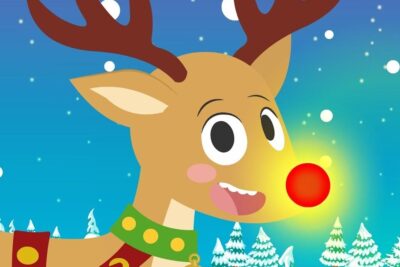 Cartoon reindeer with a glowing red nose in a snowy night scene la navidad 1.