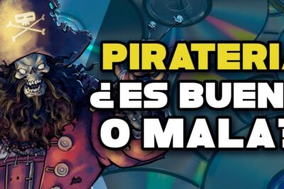 Illustration of a skeletal pirate, CDs and bold headline questioning la pirateria 1.