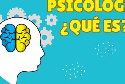White head silhouette with a blue and yellow brain and gears on a turquoise background representing la psicologia and cognitive processes.