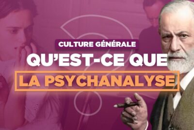 A dramatic graphic showing a concerned woman and an older bearded man holding a cigar beside bold lettering la psychanalyse.
