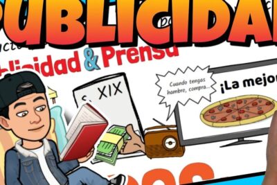 Cartoon collage with a young reader, TV showing a pizza ad, radio, money and a hand drawing that represent la publicidad 3.