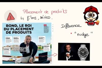 Magazine layout illustrating product placement with an action-film protagonist on a boat, annotated callouts and a luxury watch ad, la publicite 1