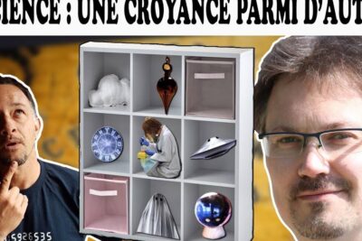Two thoughtful male portraits flank a cubed shelving unit filled with symbolic objects including a lab technician, UFO model, crystal ball, zodiac disc and a ghost-like sheet evoking la science.