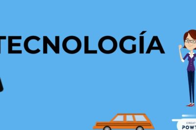 Blue banner with bold TECNOLOGÍA text, smartphone icon, orange car and cartoon professional woman representing la tecnologia 3.