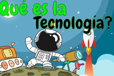 Cartoon astronaut on a lunar surface with rover, telescope and rocket illustrating la tecnologia 5.