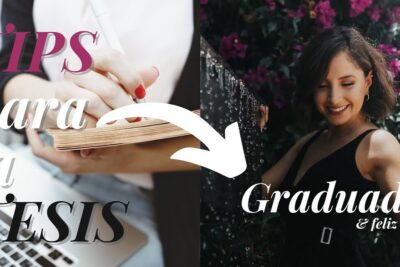 Hands writing in a notebook by a laptop with an arrow pointing to a smiling graduate, symbolizing success with la tesis 1.