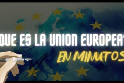 Spanish-language thumbnail asking '¿Qué es la Unión Europea?' with a Europe map, EU stars and a hand holding a pen, la ue 1.