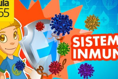 Cartoon girl holding a shield blocking colorful virus particles illustrating la vacunacion 1