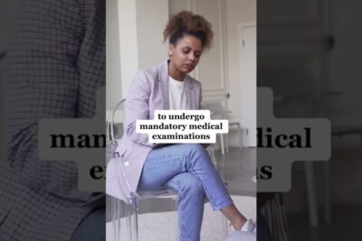 Person seated in a waiting room with overlay text about mandatory medical examinations and lagstiftning transpersoner.