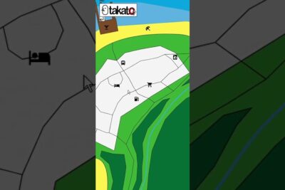 Stylized coastal map with terrain layers and service icons illustrating lande vinden