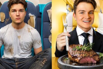 Split scene of a disheveled economy passenger in stained clothes beside a smiling suited diner enjoying a steak, illustrating lang ferie contrasts