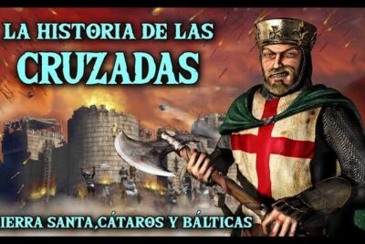 Armored crusader with a red cross and battleaxe before a burning castle under a fiery sky in las cruzadas 1.