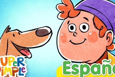 Cartoon dog and smiling child illustration from las mascotas 2 video series.