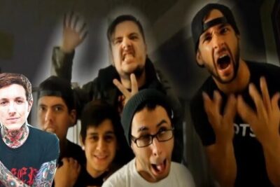 Collage-style portrait of six energetic young men with animated expressions and gestures, las personas 1.