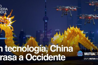 Illuminated golden dragon lantern in front of a lit skyline with drones flying overhead symbolizing las tecnologias 2 and technological advancement.