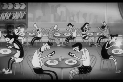 Black-and-white retro cartoon of café patrons absorbed in smartphones and tablets illustrating las tecnologias 3.
