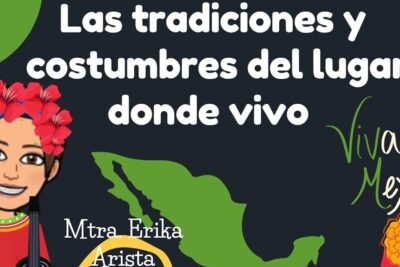 Poster highlighting las tradiciones with a green map of Mexico, floral crown avatar, marigold and Viva Mexico lettering