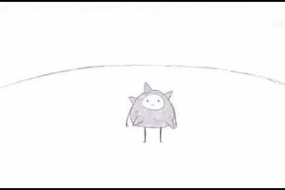 Minimalist hand-drawn grey creature with tiny legs and a smiling face on a white background, las vacunas 3