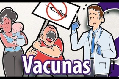 Cartoon of a worried parent holding a baby, a protester with an anti-vaccine sign, and a hesitant doctor holding a syringe illustrating las vacunas 5