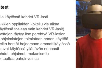 Student wearing a VR headset beside a slide listing classroom VR challenges including limited devices and motion sickness lasit voivat 1