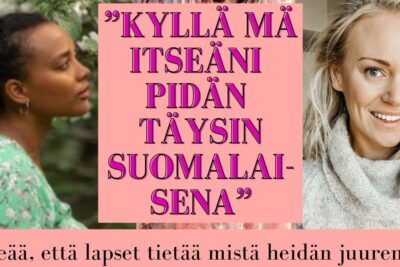 Split-image collage of two women's portraits beside bold Finnish text, visually referencing themes of lasten kasvatuksessa.