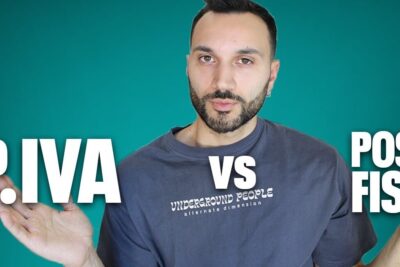 Man framed against teal background with bold 'P.IVA vs Posto Fisso' text illustrating a choice about lavoro dipendente