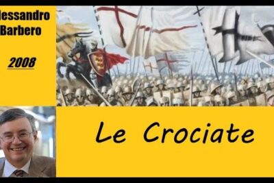 Banner depicting medieval crusader knights, flags and a presenter portrait with the title le crociate 1.