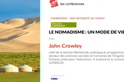 Conference poster beside sand dunes and yurts illustrating le nomadisme and pastoral mobility.