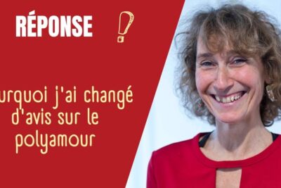 Smiling woman in a red top beside French headline about why she changed her mind on le poliamour.