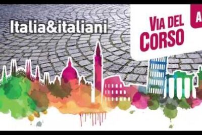Colorful watercolor Italian skyline over cobblestone pavement with Via del Corso sign, le vacanze 1
