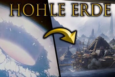 Illustration of an icy circular aperture leading to a vast hidden city, labeled leben erde 3.