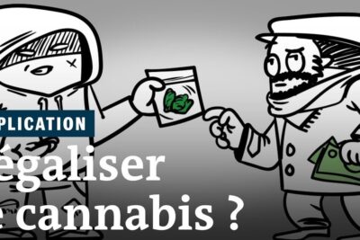 Black-and-white editorial cartoon of two figures exchanging a small bag of cannabis and cash, illustrating legalisation drogue
