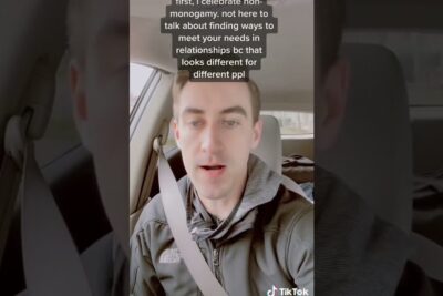 Man speaking to camera inside a car with seatbelt fastened and TikTok text overlay about non-monogamy, legalisering prostitusjon