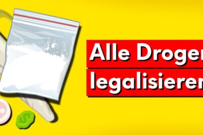Graphic showing a bag of white powder, pills and a rolled joint beside the text 'Alle Drogen legalisieren?' highlighting legalisierung drogen 1.