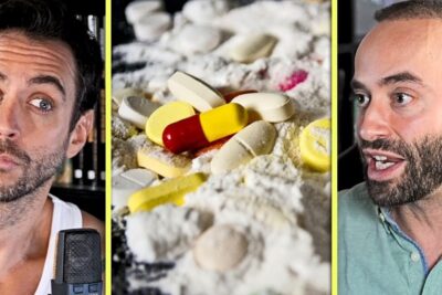 Two men in a split-screen debate with a close-up of pills and white powder illustrating legalizacion drogas 5.