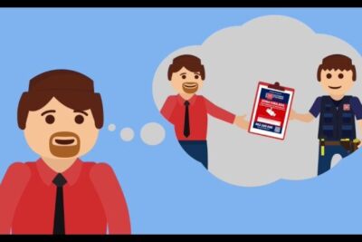 Illustration of a man imagining handing a clipboard to an officer representing legalizacion seguridad