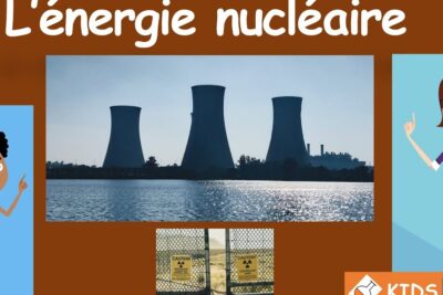 Three nuclear power plant cooling towers silhouetted over water with radiation signage and educational graphics for lenergie nucleaire 2.