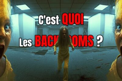 Eerie abandoned office corridor with pale, screaming figures and bold red text overlay, les backrooms 1.