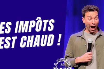 Surprised man holding a microphone beside bold les impots headline