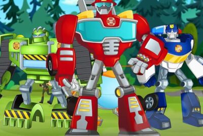 Three colorful cartoon rescue robots standing in a forest clearing, les robots ready for action.