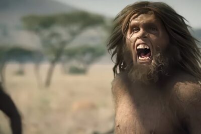 Close-up of a shouting letre humain with long hair and beard in a dry savannah landscape.