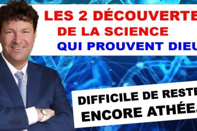 Smiling presenter in a suit beside bold French headlines and DNA-like network imagery in lexistence dieu 2