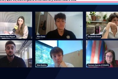 Webinar grid screenshot of six participants in an online discussion about ley trans 1 and gender identity legislation