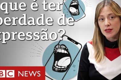 Female presenter next to BBC News graphic and smartphone illustration about liberdade expressao 1
