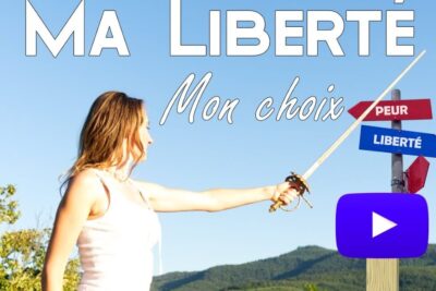 A woman extends a sword toward a signpost labeled LIBERTÉ and PEUR under a clear blue sky, liberte choix 4.