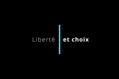 Minimalist black background logo reading Liberté et choix separated by a vertical cyan bar, liberte choix 5.