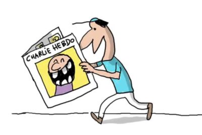 A cartoon man carrying a satirical newspaper cover with a laughing caricature, liberte dexpression 1.