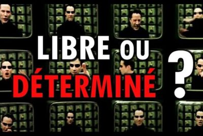 Collage of repeated faces in monitor frames with large white and red typography posing libre arbitre 1
