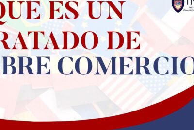 Spanish banner with large headline asking what is a free trade agreement, international flags in the background and the phrase libre comercio 3.
